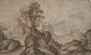 Felsige Landschaft mit Städten in der Ferne von Unknown