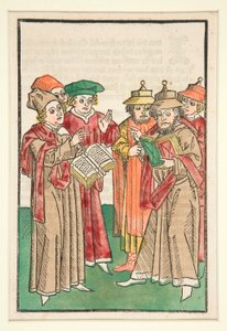 Drei christliche und drei jüdische Gelehrte im Streit, Illustration aus Der Seelen-Wurzgarten von Unknown