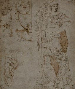 Drei Skizzen: Tapferkeit, eine Sandale und Grotesken (recto); Skizzen von Grotesken und römischer Kürass (verso) von Unknown