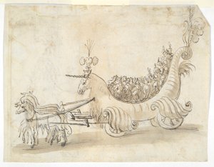 Zwei Kostümstudien (recto); Wagen in Form eines Einhorns (verso)