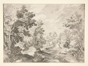 Ohne Titel (Landschaft mit Figuren in einem Boot im Vordergrund) von Unknown