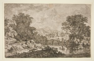 Ohne Titel [Pastorale Szene - bergige Landschaft in der Nähe eines Gewässers und fünf Figuren]
