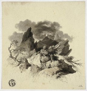 Gewittersturm in den Bergen mit ausbrechendem Vulkan in der Ferne von Unknown