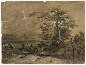 Waldlandschaft mit Kühen im Vordergrund von Unknown