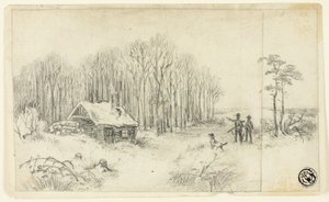 Waldhütte mit herannahenden Jägern von Unknown