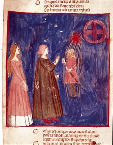 5. Himmel: Dante und Beatrice treffen Lord Cacciaguida in der himmlischen Sphäre der Seelen der Kämpfer. Illustrierte Seite eines Gesangs des Paradieses aus der „Divina Commedia“ von Dante Alighieri (1265-1321). 14. Jahrhundert, Venedig, Biblioteca Marcian