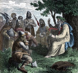 Ein Barde rezitiert vor Nordmännern - Wikingerzivilisation: Ein Barde Druide rezitiert Poesie für Krieger, 8.-9. Jahrhundert von Unknown artist
