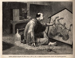 Ein japanischer Künstler malt ein Yema (legendäres Pferdegemälde). Gravur zur Illustration der Reise nach Japan, 1863-1864, von Aime Humbert, Minister der Schweizerischen Eidgenossenschaft, in „Le tour du monde, nouveau journal des voyages“