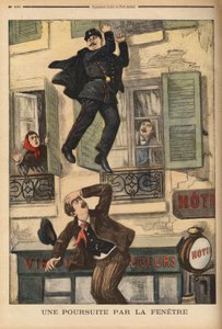 Ein Polizist aus Montreuil zögert nicht, sich aus dem Fenster zu werfen, um einen Einbrecher zu verfolgen, der gerade gesprungen ist, um seinen Verfolgern zu entkommen. Gravur in "Le petit journal" 17/12/1899. Selva Sammlung. von Unknown artist