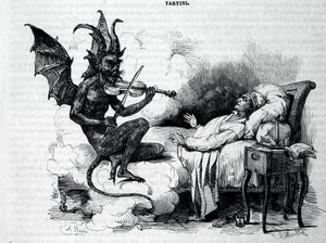 Ein Satyr spielt Geige vor Giuseppe Tartini (1692 - 1770), italienischer Komponist, Geiger und Theoretiker. Gravur aus dem 19. Jahrhundert. von Unknown artist