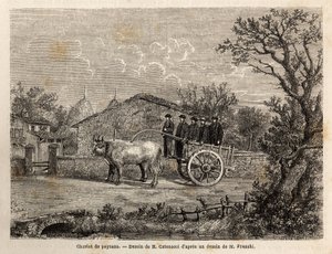Ein sienesischer Bauernkarren, mit zwei Rädern, für den Transport von Weinfässern, gezogen von einem Paar kleiner weißer Ochsen. Gravur zur Illustration einer Reise nach Siena (Italien) im Jahr 1865, in „Le tour du monde, nouveau journal des voyages“ herau von Unknown artist