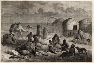 Ein Turkmenenlager im Grenzgebiet von Turkestan und Persien, jedes Zelt, bestehend aus einem Holzgerüst und mit Filz bedeckt, beherbergt eine Familie. Gravur zur Illustration der Geschichte von Henri de Blocqueville „14 mois de captivité chez les turcomans von Unknown artist