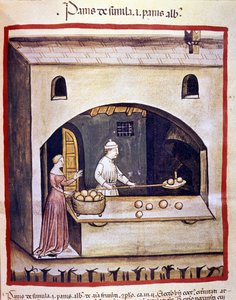 Ein Bäcker bereitet Weißbrot und Grießbrot zu. Illumination aus der Milking of Medicine and Dietetics „Tacuinum sanitatis“ von Unknown artist