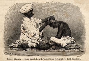 Ein Barbier arbeitet auf den Straßen von Kalkutta. Gravur zur Illustration der Reise in die südlichen Provinzen Indiens, von Alfred Grandidier, 1862-1864, veröffentlicht in „Le tour du monde“, herausgegeben von Edouard Charton, Edition Hachette, Paris