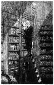 Ein Bibliothekar auf seiner Leiter, der Bücher auf Regalen untersucht. Gravur des 19. Jahrhunderts von Unknown artist