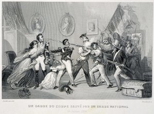 Ein Leibwächter wird von einem Nationalgardisten gerettet (29. Juli 1830) - in „Fastes de Gardes nationales de France“ von Unknown artist
