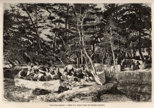Ein bürgerliches Picknick in den Vororten von Edo (heutiges Tokio), innerhalb einer Stoffumzäunung, Gäste, normalerweise zwei Familien, teilen ihre Mahlzeit und oft gibt es Musiker, Tänzer und Pantomimen. Gravur zur Illustration der Reise