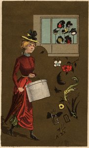 Eine bürgerliche Frau mit Hutschachtel, anonyme Chromolithografie, Ende des 19. Jahrhunderts.