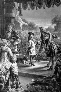 Eine Kurtisane zeigt dem jungen Ludwig XV. (1710 - 1774) die jubelnde Menge und sagt ihm: Eines Tages wird das alles dir gehören. Gravur aus dem 19. Jahrhundert. von Unknown artist