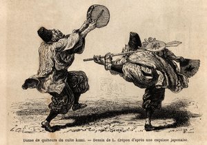 Ein Tanz der Konferei des Kami-Kults, mit Rezitation von Litaneien und unerwarteten choreografischen Figuren. Gravur zur Illustration der Reise nach Japan, von Aimé Humbert, Minister der Schweizerischen Eidgenossenschaft, 1863-1864, veröffentlicht in „Le t von Unknown artist