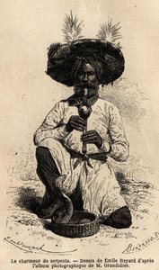 Ein Fakir, Schlangenbeschwörer. Gravur zur Illustration der Reise in die südlichen Provinzen Indiens, von Alfred Grandidier, 1862-1864, veröffentlicht in "Le tour du monde", unter der Leitung von Edouard Charton, Hachette, Paris 1869. Selva Sammlung.