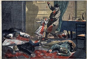 Eine ermordete Familie: Mord an der Familie Leblond durch Caillard, einen Wahnsinnigen, in Nassandre, nahe Bernay. Illustration in „Le Pelerin“ vom 10. April von Unknown artist