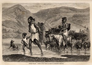 Eine Familie von Kabyle-Hirten überquert den Wadi Djema, um zum Beni Menguellet-Markt zu gehen, dem wichtigsten in der Region; das Familienoberhaupt wagt sich zuerst, gefolgt von seiner Familie und seiner Herde, zuerst die Schafe und danach der Großteil de von Unknown artist