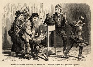 Eine Wahrsagerin auf den Straßen von Edo (heute Tokio). Gravur zur Illustration der Reise nach Japan, von Aime Humbert, Minister der Schweizerischen Eidgenossenschaft, 1863-1864, veröffentlicht in „Le tour du monde“, unter der Leitung von Edouard Charton, 