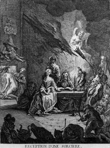 Ein Mädchen wird von einer Hexe empfangen, umgeben von monströsen Kreaturen (bei einer Initiationszeremonie?). Gravur aus dem 17. Jahrhundert von Unknown artist