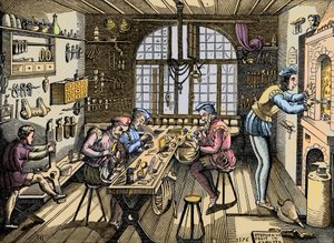 Eine Goldschmiedewerkstatt - Handwerk: Ansicht der Werkstatt von Etienne Delaune (1518-1583), Goldschmied, französischer Drucker. Gravur nach einem Original von 1576. Werkstatt von Etienne Delaulne, einem Goldschmied in Paris von Unknown artist