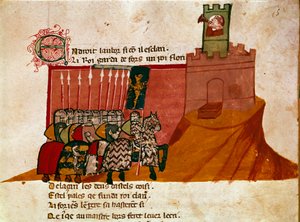 Eine Gruppe fränkischer Ritter erreicht ein Schloss von Unknown artist
