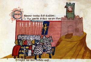 Eine Gruppe von fränkischen Rittern kommt in einer Burg an. Miniatur aus „Einzug von Spanien“. 14. Jahrhundert Venedig, Biblioteca Marciana.