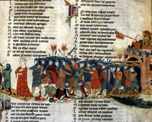 Ein König wird gefangen genommen und von der feindlichen Armee weggeführt, während die Opfer der Schlacht am Boden liegen. Miniatur aus dem „Roman de Troy“ von Benoit de Sainte Maure. 14. Jahrhundert, Biblioteca Marciana, Venedig