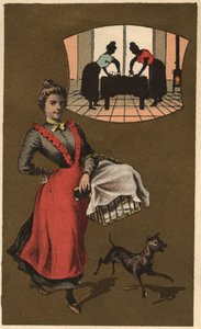Eine Waschmaschine, die Wäsche in einem Korb trägt. Anonyme Chromolithographie, späte 19. Jahrhundert. von Unknown artist
