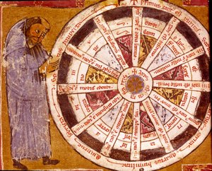 Ein Mönch in der Nähe des Rades des religiösen Lebens Miniatur aus den „Werken“ von Hugo de Sancto Victore (Hugh of St. Victor) (ca. 1096-1141) 12. Jahrhundert Biblioteca Governativa, Cremona von Unknown artist
