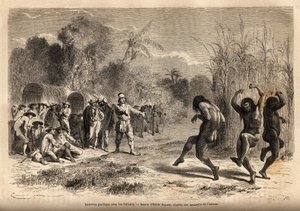 Ein friedliches Gespräch zwischen der Expedition des Autors und einigen Siriniris-Indianern (Stamm aus Peru, an der bolivianischen Grenze), die durch die Möglichkeit des Tauschhandels angelockt wurden. Gravur zur Illustration der Reise in die Täler von Qui von Unknown artist