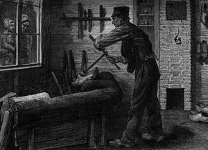 Ein Holzschuhmacher bei der Arbeit in seiner Werkstatt in Belgien. Gravur in der Zeitschrift „la jeunesse“
