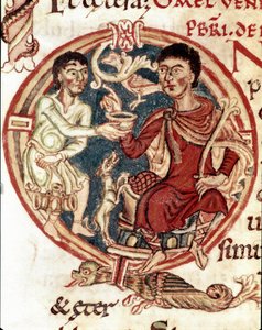 Ein Diener schenkt dem Herrn ein Getränk ein. Miniatur aus dem „Lectionaire de la Cathedrale de Reims“ 11. Jahrhundert Reims, Stadtbibliothek von Unknown artist