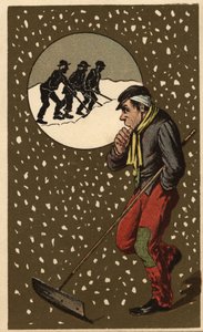 Ein Schneesammler mit seiner Schaufel. Anonyme Chromolithographie, späte 19. Jahrhundert. von Unknown artist