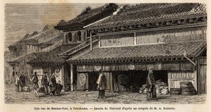 Eine Straße von Benten Tori, mit Animation von Passanten und Trägern, ein altes Fischerdorf, in dem die Meeresgöttin Benten geehrt wurde, aber dieses Dorf wurde durch die städtische Entwicklung von Yokohama annektiert; ein Tori ist keine heilige Tür, die a