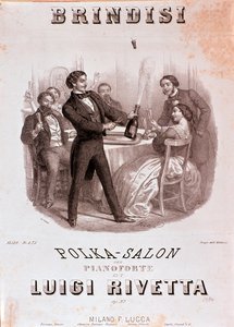 Trinkszenen. Illustration der Partitur der Brindisi-Polka von Rivetta