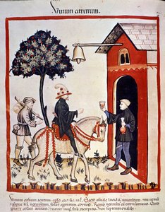 Ein Reisender wird in einem Gasthaus willkommen geheißen und ihm wird ein Glas Wein angeboten. Illumination aus der Milchwirtschaft und Diätetik „Tacuinum sanitatis“ von Unknown artist