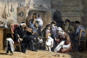 Eine Nachtwache: Familie versammelt sich um einen Priester, der Geige spielt. 19. Jahrhundert von Unknown artist