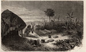 Ein Weber und sein Weber, am Ufer des Sambesi-Flusses. Gravur zur Illustration von Dr. Livingstones ersten Reisen nach Südafrika von 1840 bis 1856, in „Le tour du monde, nouveau journal des voyages“, herausgegeben von Edouard Charton