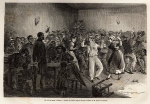 Ein Hochzeitsball in Salers, Gravur zur Illustration einer Reise zu den Vulkanen Zentralfrankreichs 1864, in „Le tour du monde, nouveau journal des voyages“ herausgegeben von Edouard Charton
