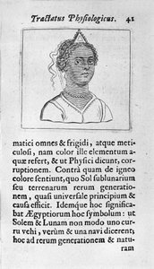 Eine Frau hat schwarze Haut. Seite aus „Tractatus physiologicus de pulchritudine“ von Ernesto Venio (Ernestus Vaenius), 1612 von Unknown artist