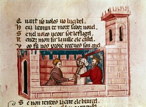 Eine Frau trifft einen König in einem Schloss und überreicht ihm ein Geschenk von Unknown artist