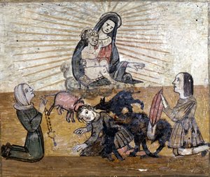 Ein Junge wird von einer Gruppe Wildschweine angegriffen. Ex voto des 16. Jahrhunderts des Heiligtums der Madonna del Monte bei Cesena (Forlì).