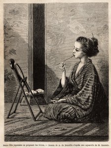 Ein junges Mädchen aus Yedo (oder Edo, dem heutigen Tokio), malt ihre Lippen vor ihrem Spiegel, hat an ihrer Seite die Lackbox mit ihren Utensilien: Kämme, Bürsten und Haarnadeln, Zahn- und Reispuder sowie andere Kosmetika. Gravur zur Illustration von Unknown artist
