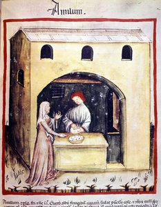 Eine junge Frau kauft Eier von einem Händler. Illumination aus der Milchwirtschaft der Medizin und Diätetik „Tacuinum sanitatis“ von Unknown artist